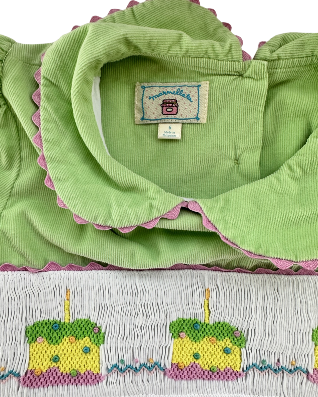 6x Girls Marmellata Lime Green Smocked Birthday Cake Cord Dress