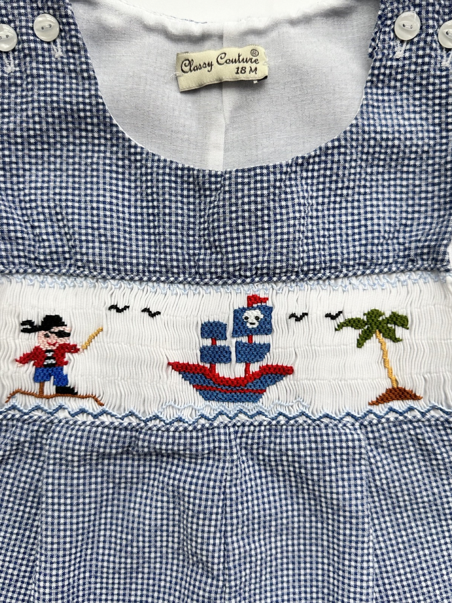 18M Baby Boy Classy Couture Smocked Blue Gingham Pirate Romper Shortall