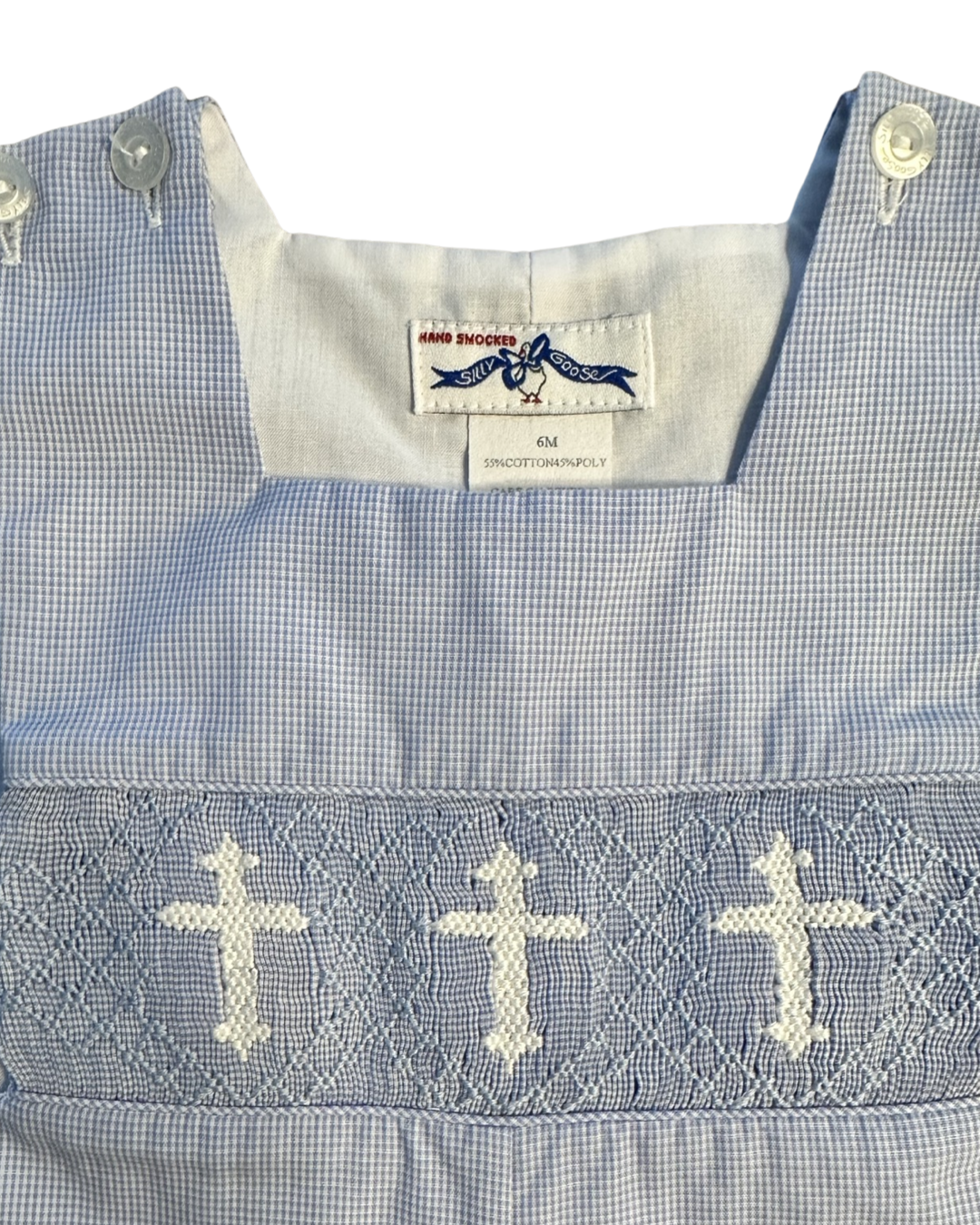 6M Baby Boy Light Blue Hand Smocked Silly Goose Cross Romper