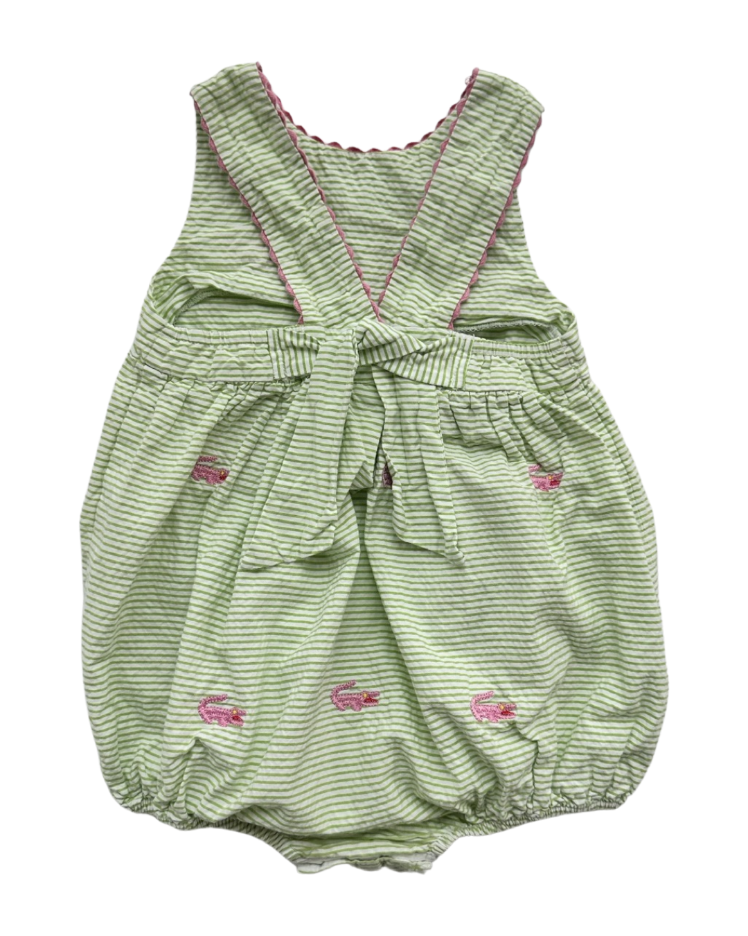 24M Baby Girl Mondays Child Boutique Green Seersucker Alligator Embroidered Bubble Romper