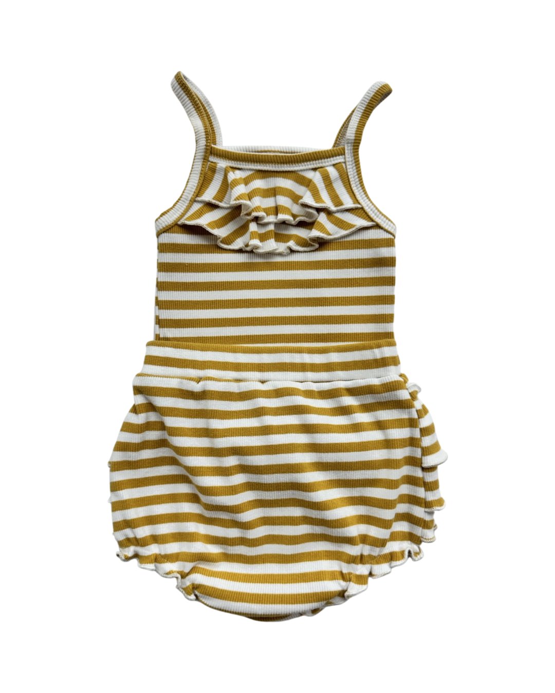 12M Baby Girl Mustard Yellow Stripped Tank Top & Ruffle butt Bubble Shorts