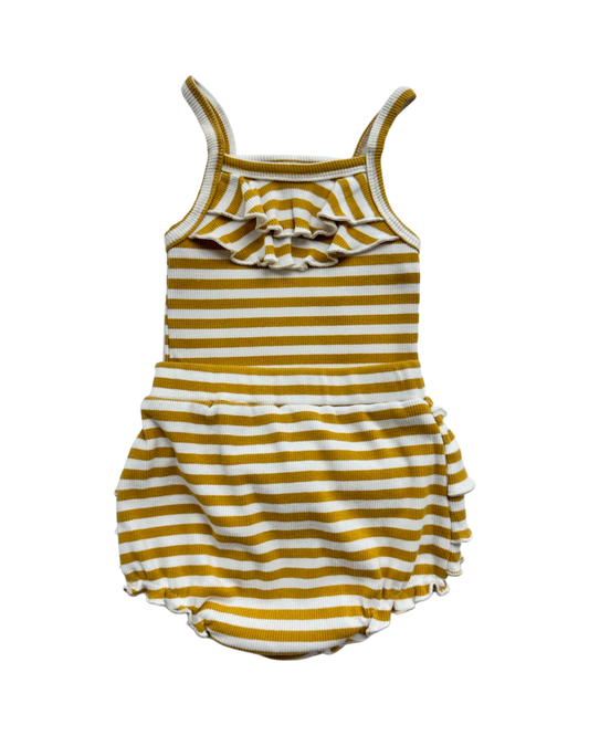 12M Baby Girl Mustard Yellow Stripped Tank Top & Ruffle butt Bubble Shorts