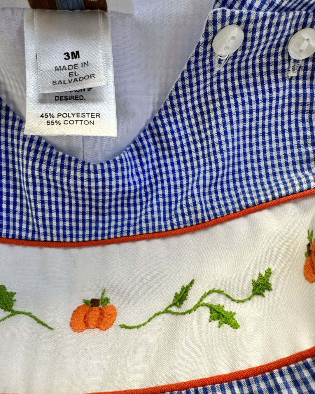 3M Baby Boy Blue Gingham Lulu Bebe Hand Embroidered Pumpkin Longall Romper