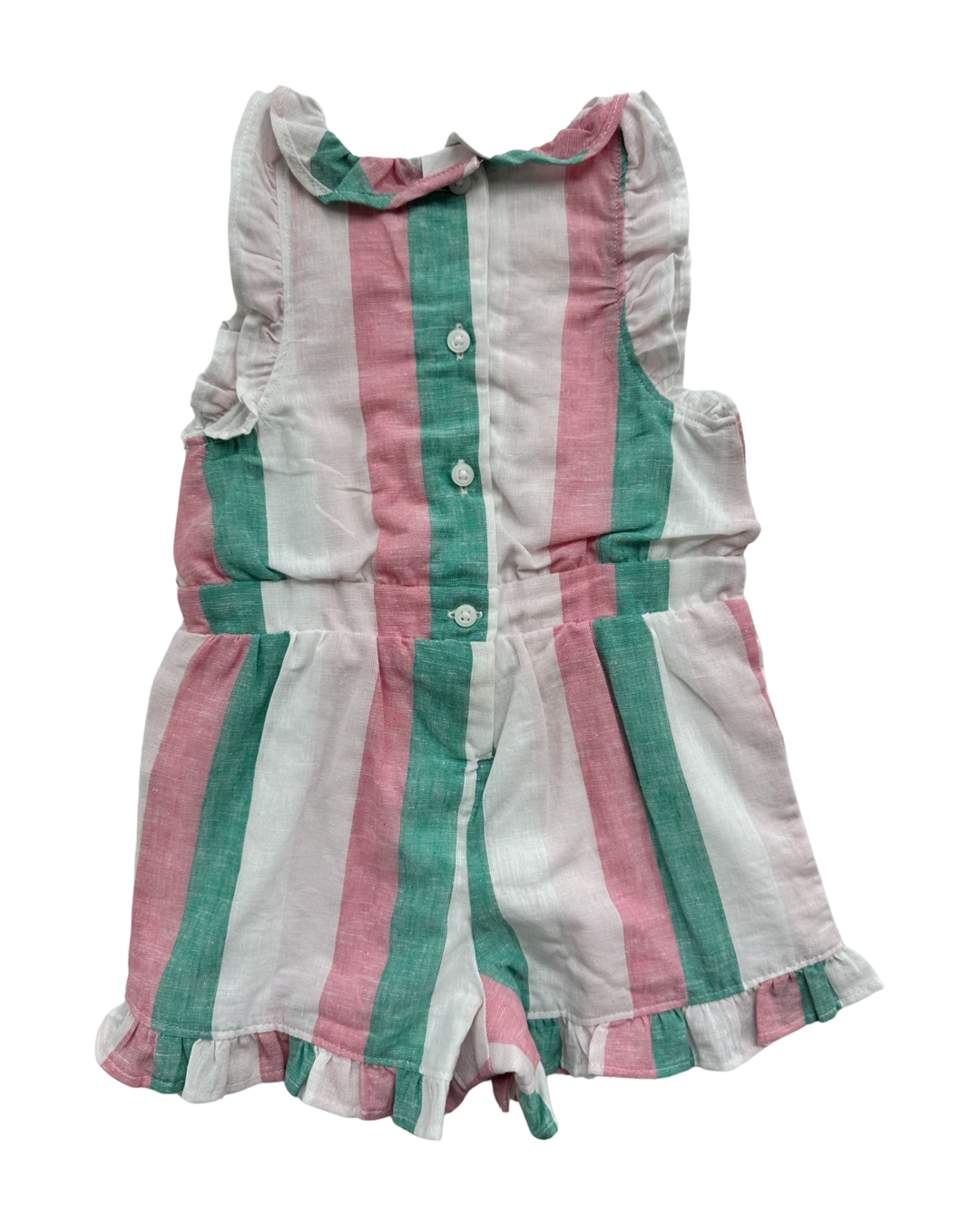 12M-18M Baby Girl Janie & Jack Pink and Green Striped Linen Romper