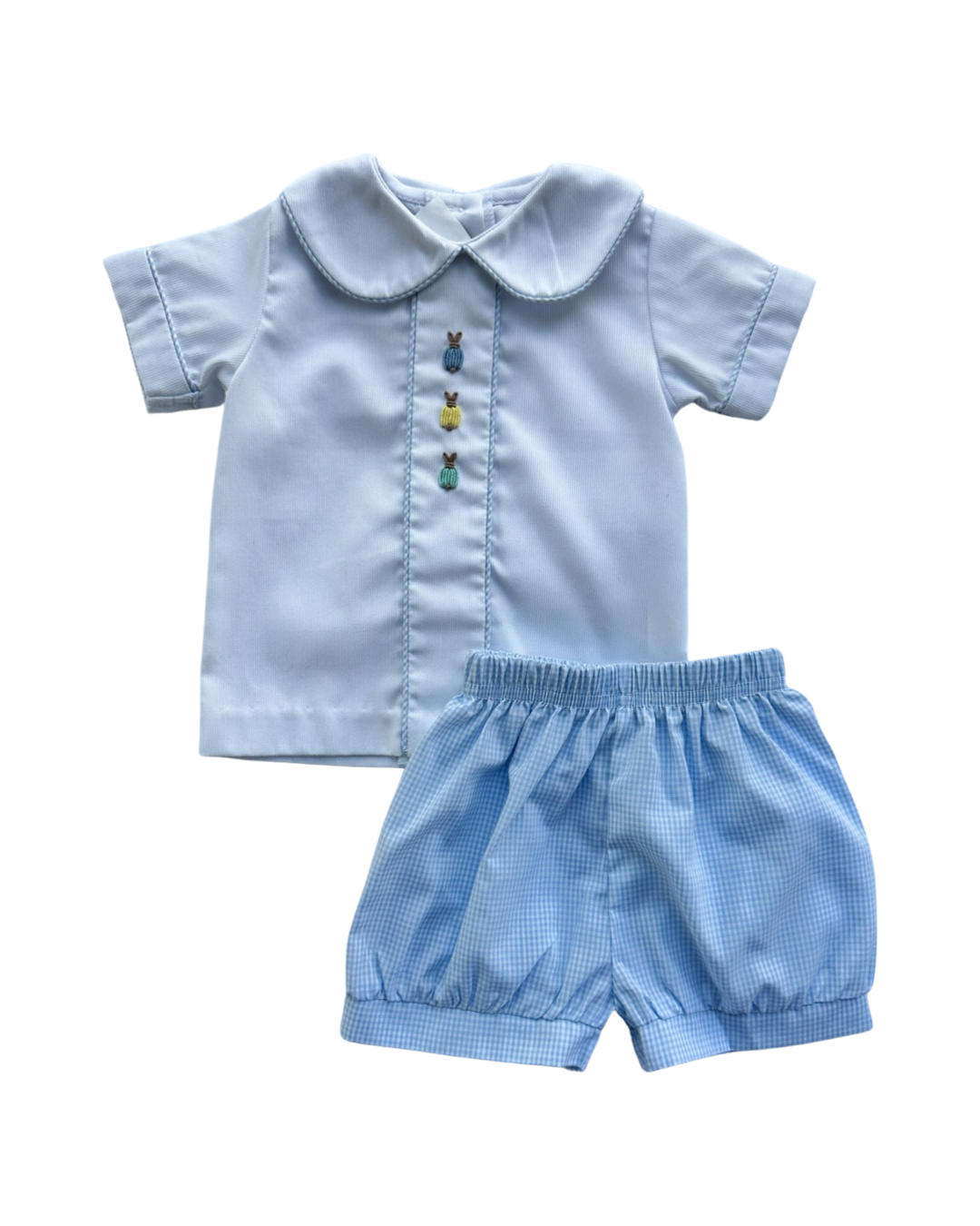 6M Baby Boy Zucchini Embroidered Bunny Easter Outfit Top & Light Blue Gingham Shorts