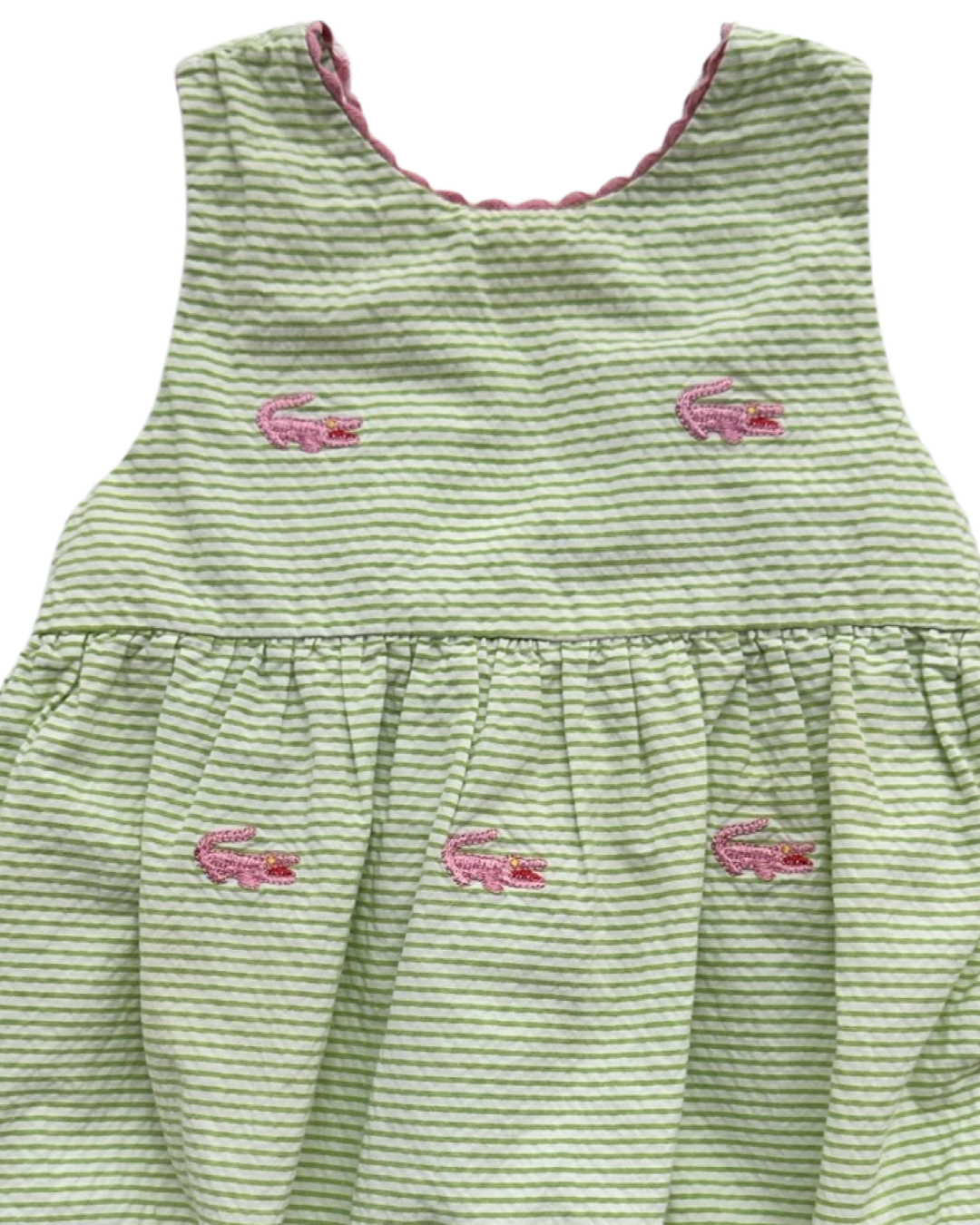 24M Baby Girl Mondays Child Boutique Green Seersucker Alligator Embroidered Bubble Romper