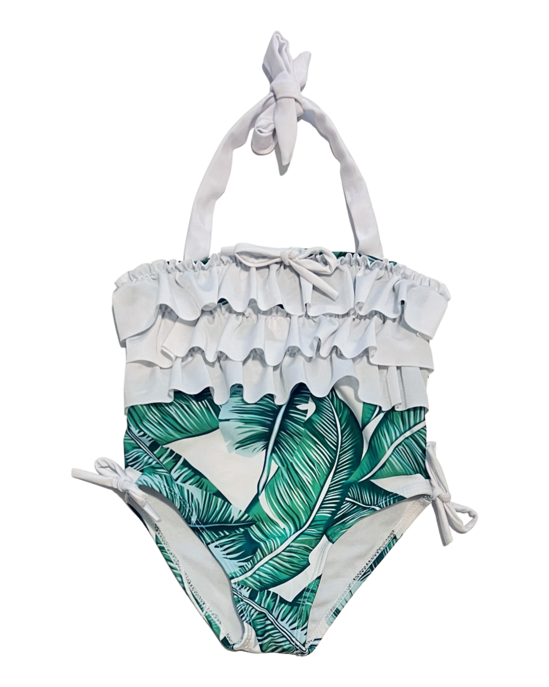 12M-18M Baby Girl Boutique Green Fern Palm One Piece Green / White Swim Suit