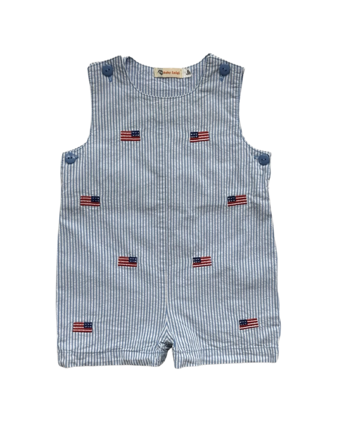 9M Baby Boy Baby Luigi Boutique Blue Seersucker American Flag Embroidered Romper