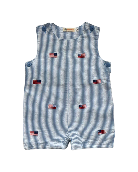9M Baby Boy Baby Luigi Boutique Blue Seersucker American Flag Embroidered Romper