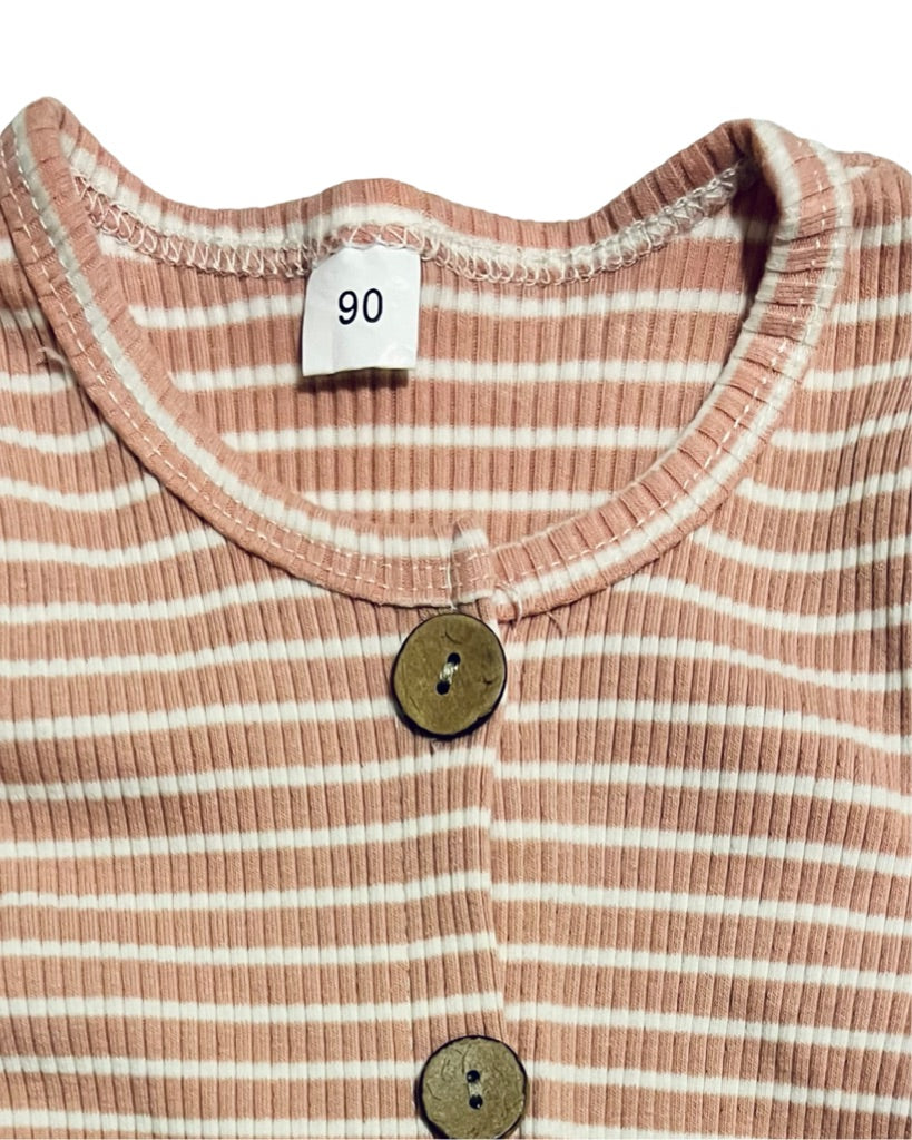 12M-18M Baby Girl Pink & White Striped Salmon Ribbed Romper