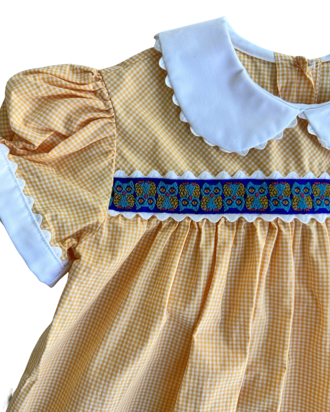 6 Youth Girls Classic Orange Gingham Boutique Dress w/ Peter Pan Collar and Owl Design