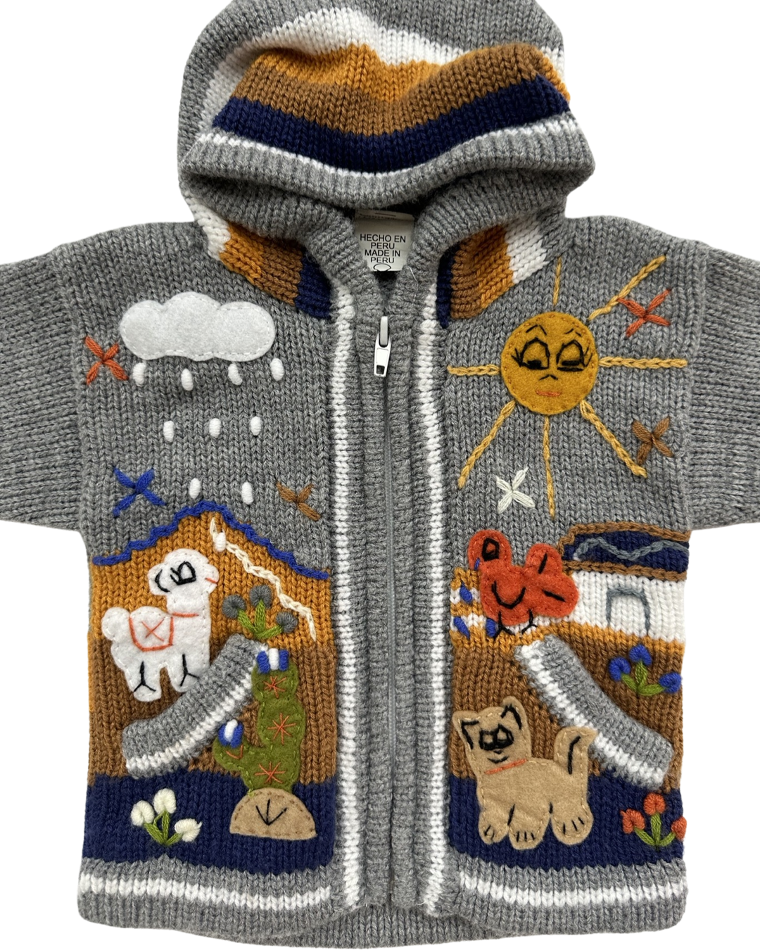 12M-18M Baby Boy Peruvian Embroidered Knit Zip Up Hoodie Sweater Cardigan