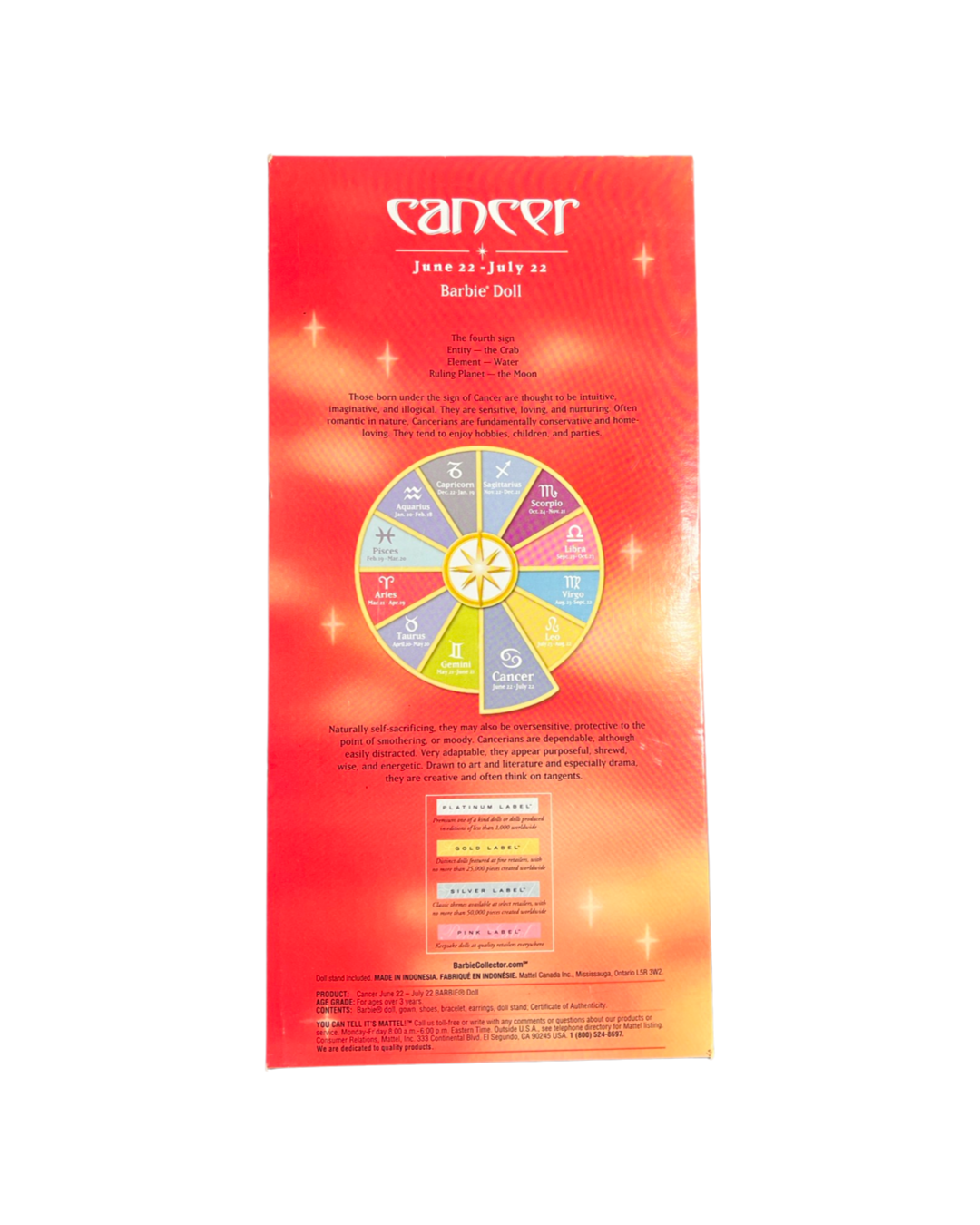 2004 CANCER Zodiac JUN 22 - JUL 22 Blond Barbie Doll Mattel #C6243