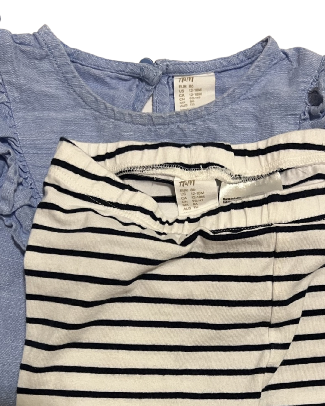 12M-18M Baby Girl H&M Outfit Chambray Top and Black / white Striped Leggings