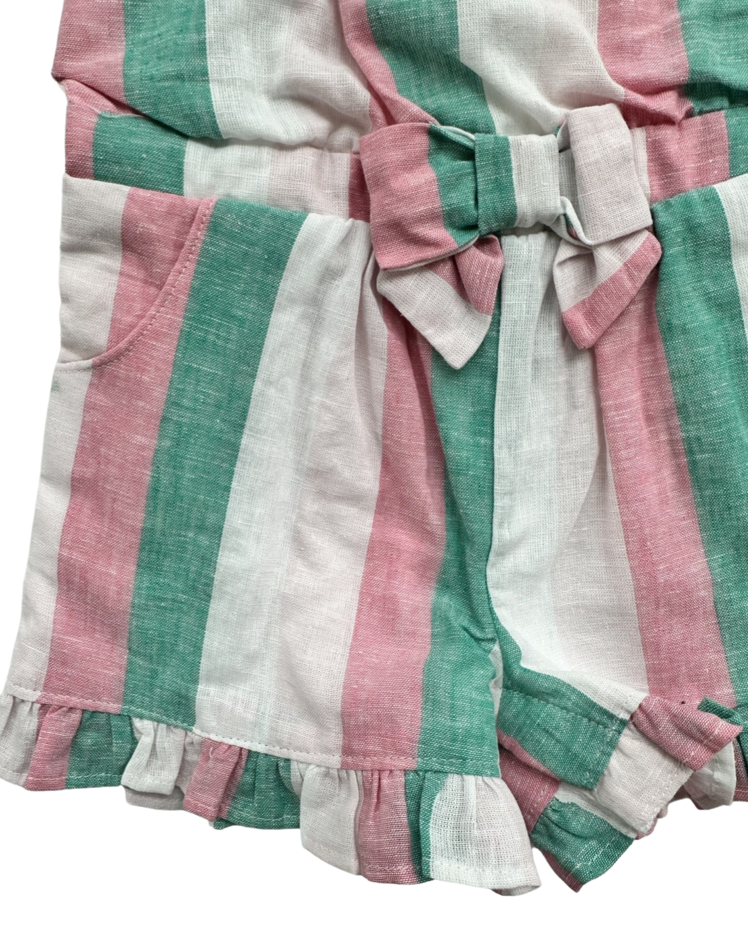 12M-18M Baby Girl Janie & Jack Pink and Green Striped Linen Romper
