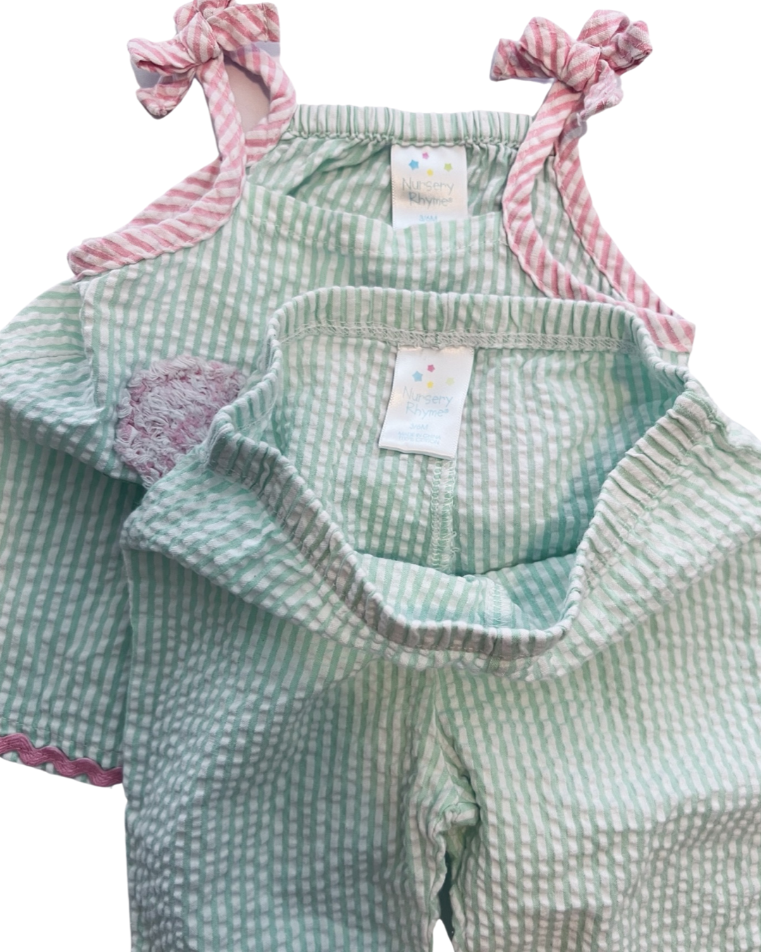 3-6M Baby Girl Green / Pink Seersucker Nursery Rhyme Outfit Set Top & Bottoms
