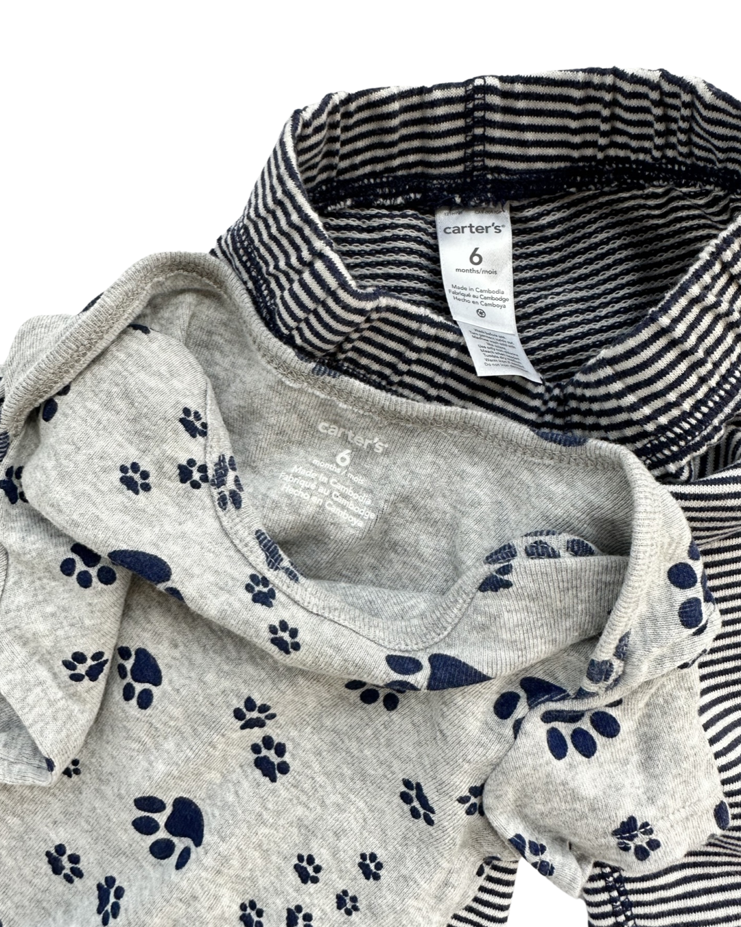 6M Baby Boy Carters Navy Gray Paw Print Onesie & Coordinating Navy Striped Jogger Pants