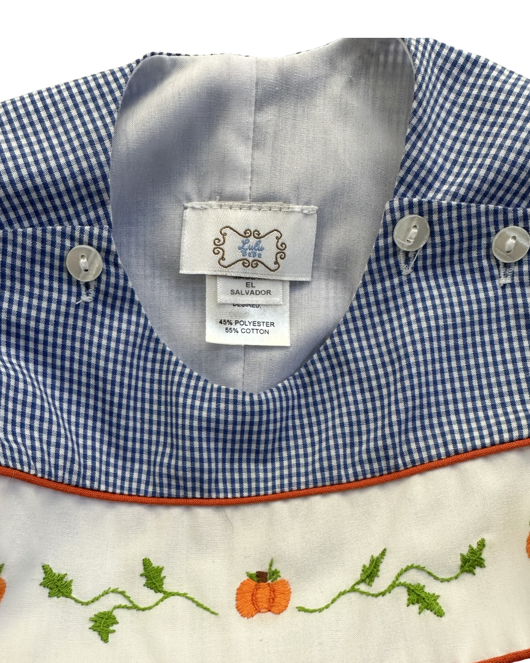 3M Baby Boy Blue Gingham Lulu Bebe Hand Embroidered Pumpkin Longall Romper