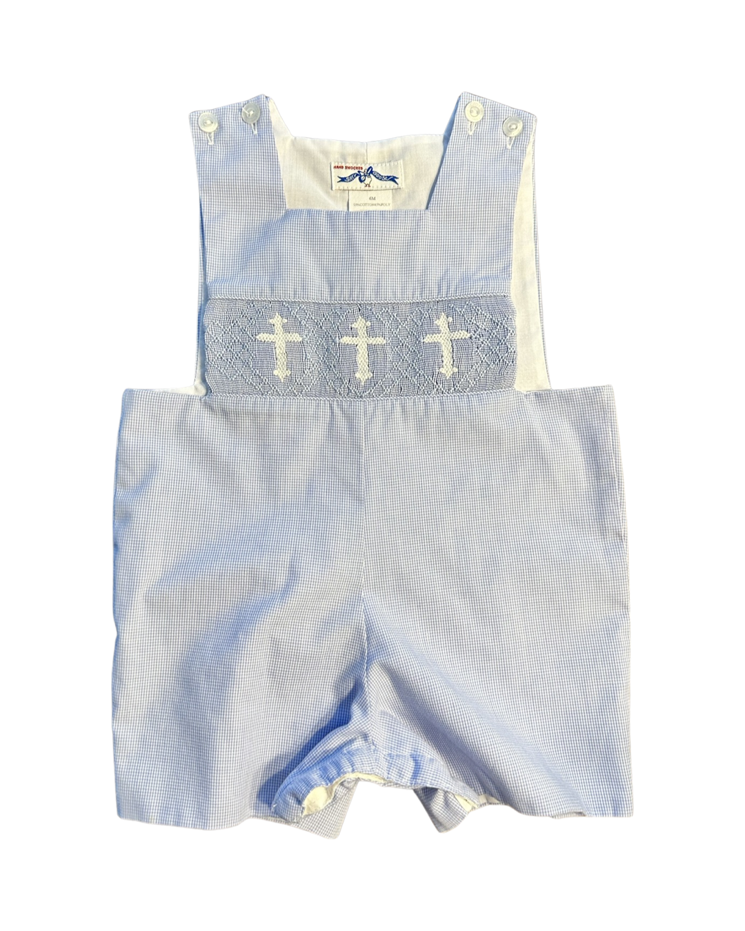 6M Baby Boy Light Blue Hand Smocked Silly Goose Cross Romper