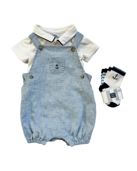 3-6M Baby Boy Janie & Jack 3pc Chambray Bubble Romper Set