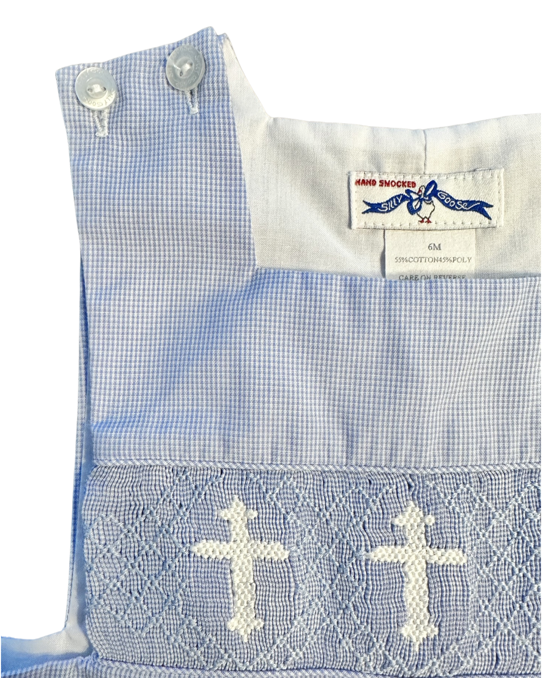 6M Baby Boy Light Blue Hand Smocked Silly Goose Cross Romper