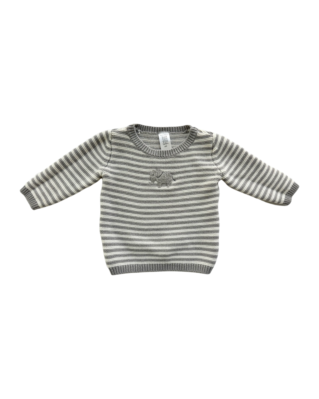 6M Baby Boy Carters Gray / White Striped Knit Sweater Outfit w/ Elephant Design