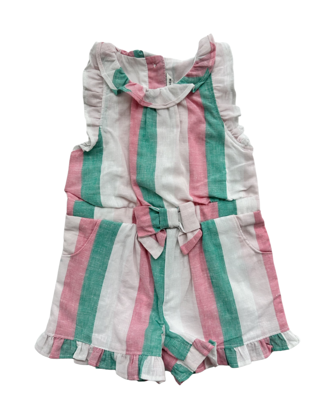 12M-18M Baby Girl Janie & Jack Pink and Green Striped Linen Romper
