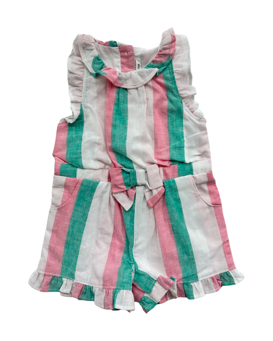 12M-18M Baby Girl Janie & Jack Pink and Green Striped Linen Romper