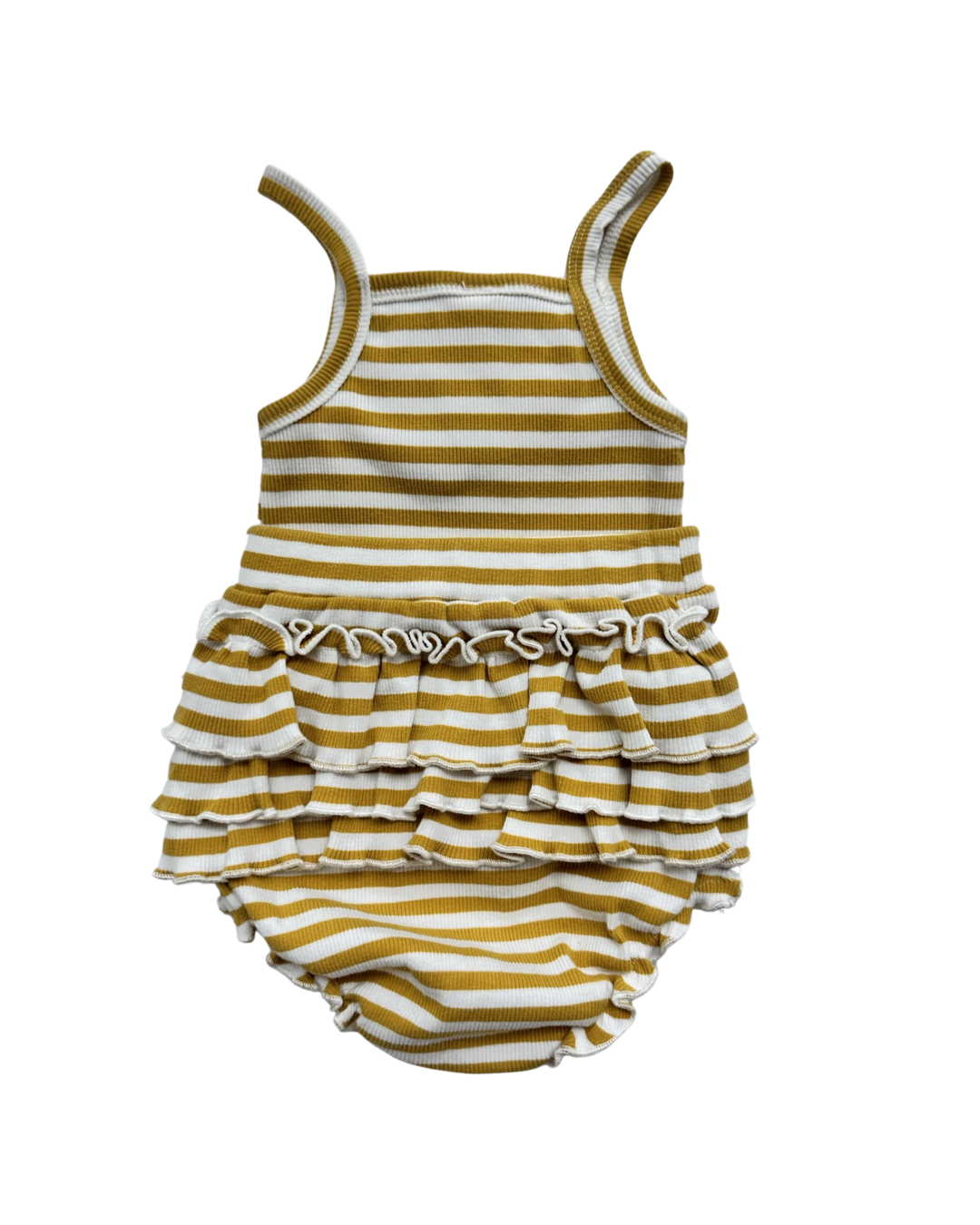 12M Baby Girl Mustard Yellow Stripped Tank Top & Ruffle butt Bubble Shorts