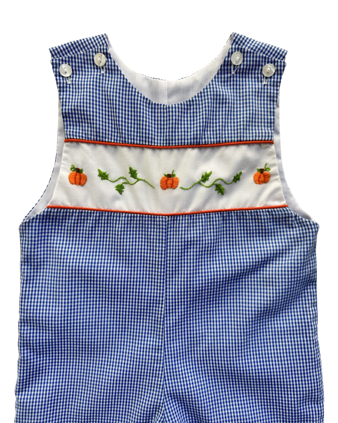 3M Baby Boy Blue Gingham Lulu Bebe Hand Embroidered Pumpkin Longall Romper