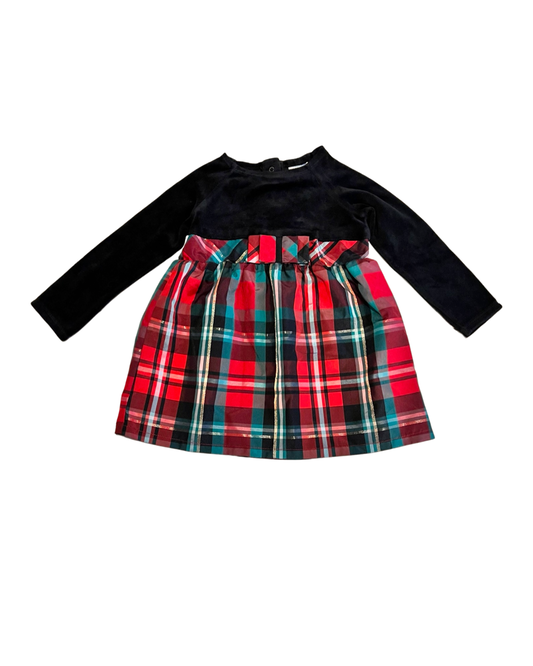 24M Baby Girl HealhTex Tartan Plaid & Black Velvet Christmas Dress