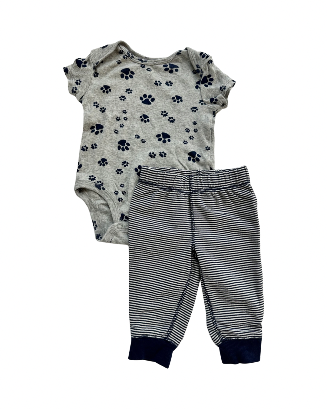 6M Baby Boy Carters Navy Gray Paw Print Onesie & Coordinating Navy Striped Jogger Pants
