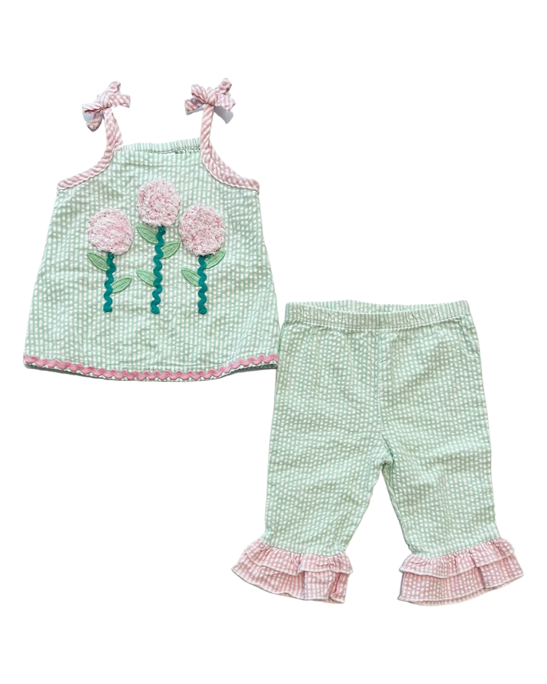 3-6M Baby Girl Green / Pink Seersucker Nursery Rhyme Outfit Set Top & Bottoms