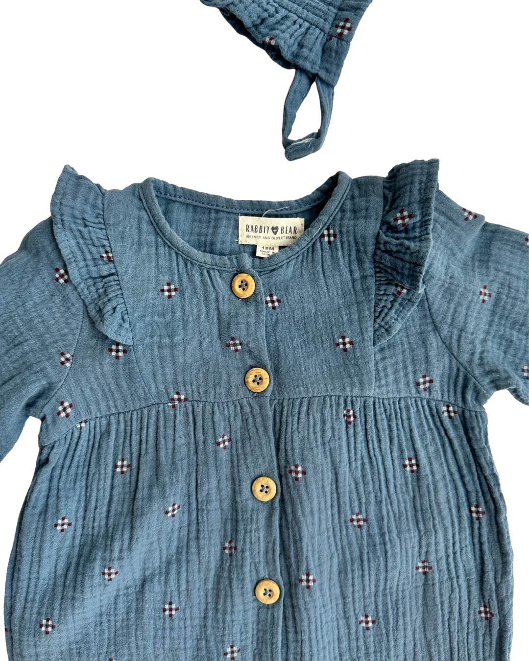 18M Baby Girl Rabbit + Bear Muslin Romper + Bonnet