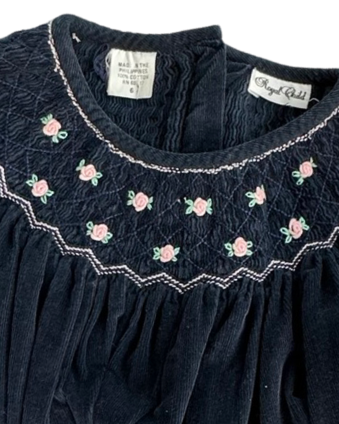 6 Youth Girls Navy Corduroy Royal Child Smocked Long Sleeve Dress