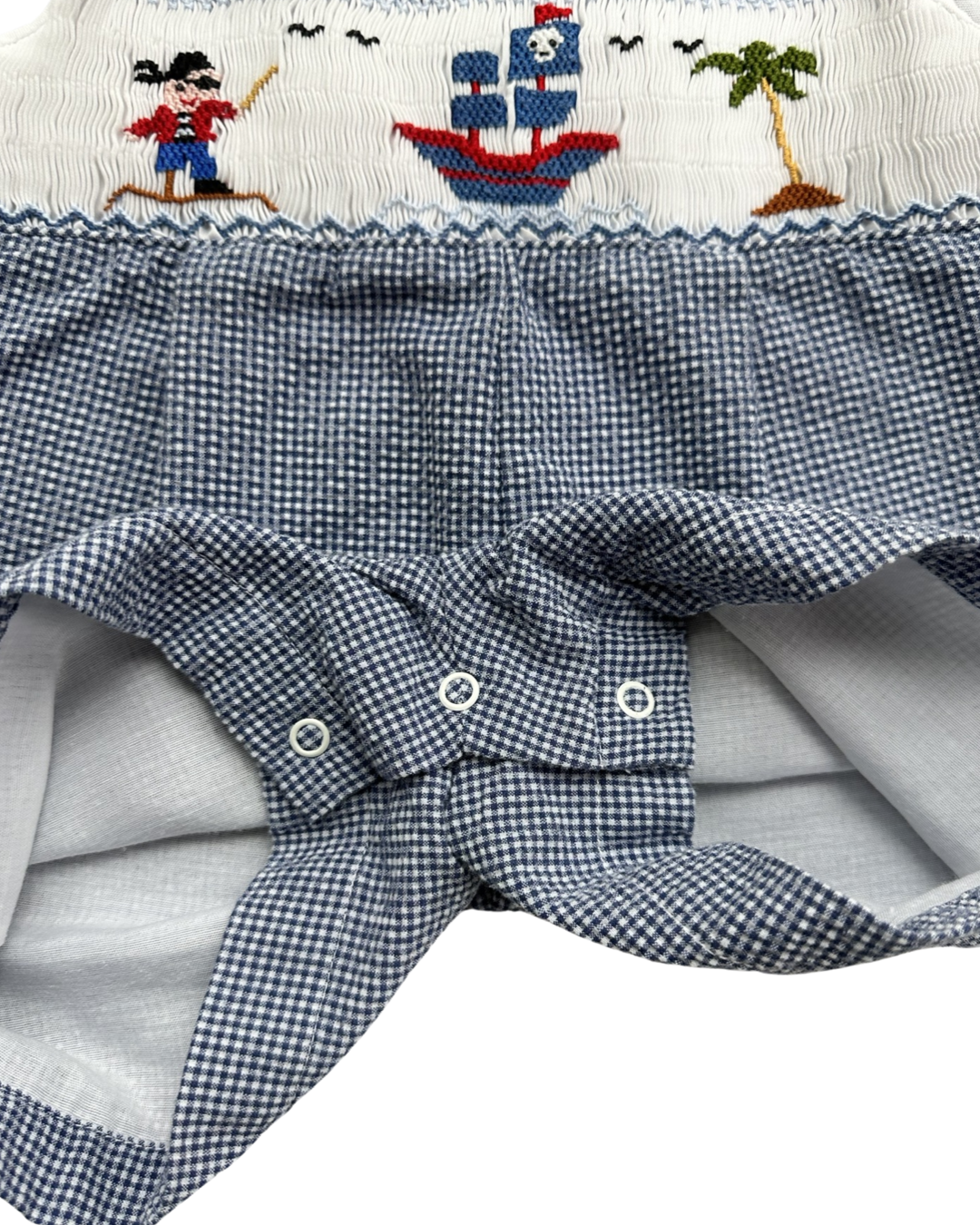 18M Baby Boy Classy Couture Smocked Blue Gingham Pirate Romper Shortall