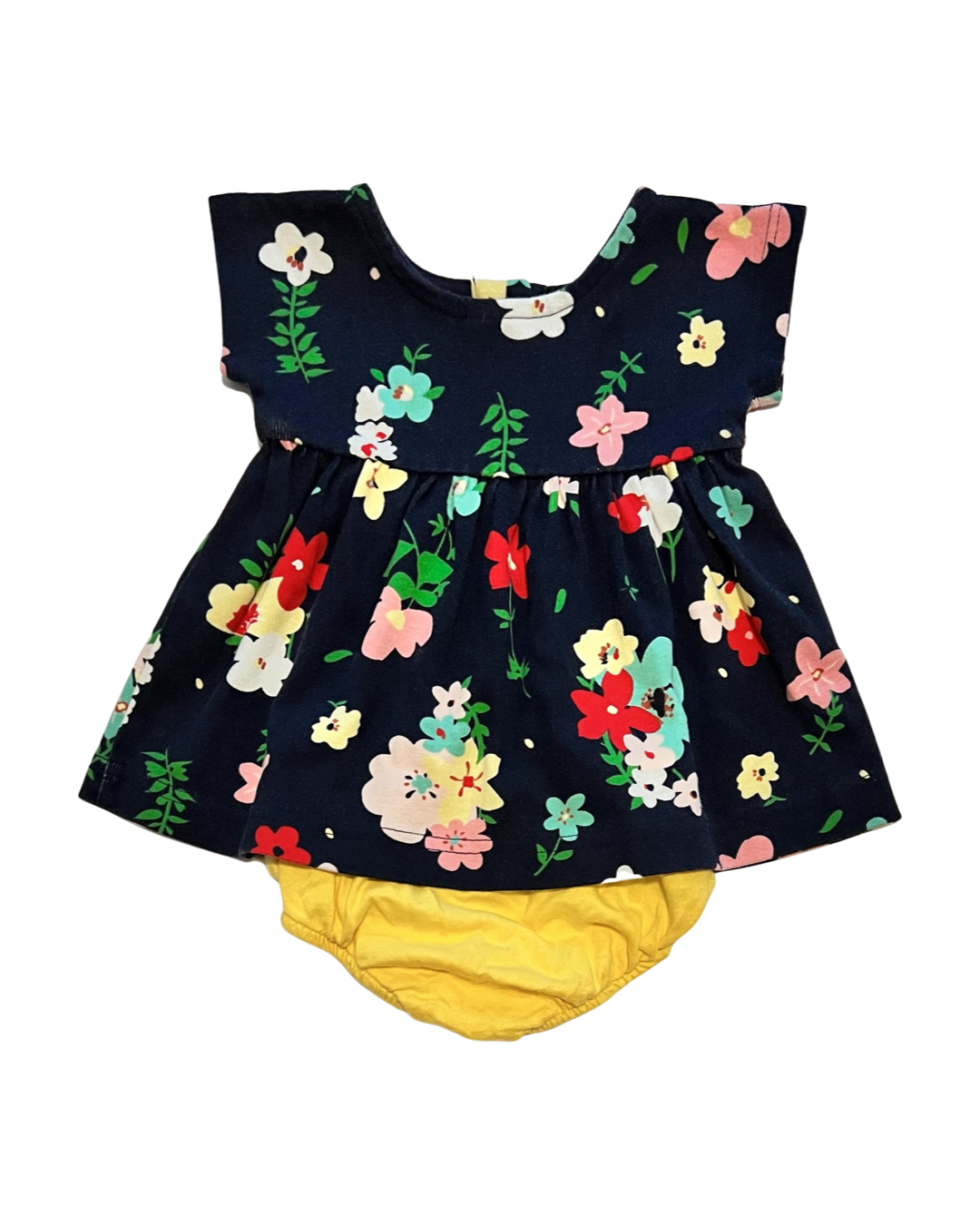 0-3M Baby Girl Navy Floral Hanna Andersson Dress with Yellow Bloomers