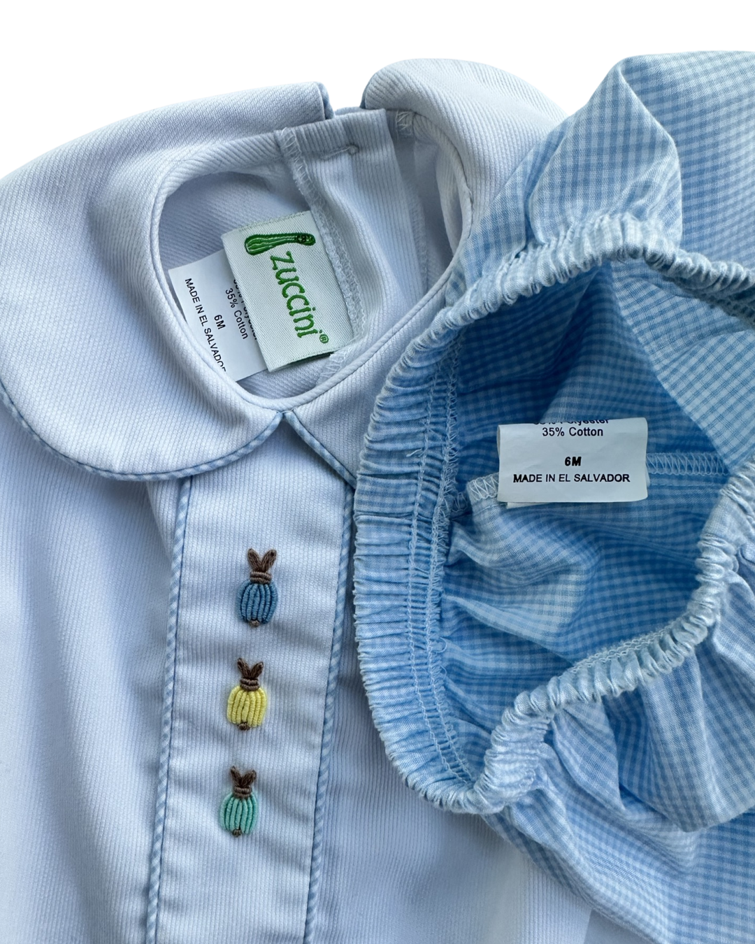 6M Baby Boy Zucchini Embroidered Bunny Easter Outfit Top & Light Blue Gingham Shorts
