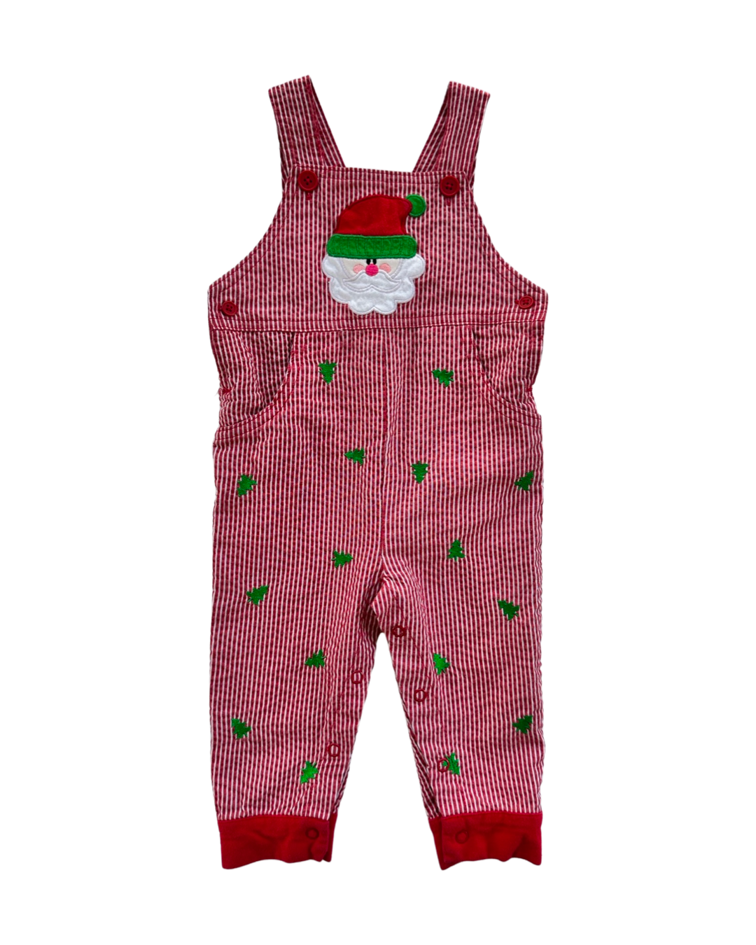 9M Baby Boy Red Striped Seersucker Christmas Tree / Santa Longall Romper