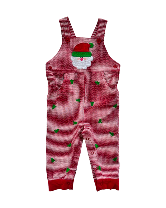 9M Baby Boy Red Striped Seersucker Christmas Tree / Santa Longall Romper
