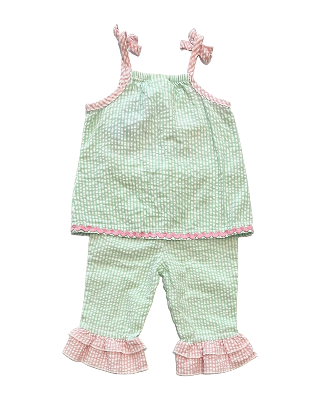 3-6M Baby Girl Green / Pink Seersucker Nursery Rhyme Outfit Set Top & Bottoms