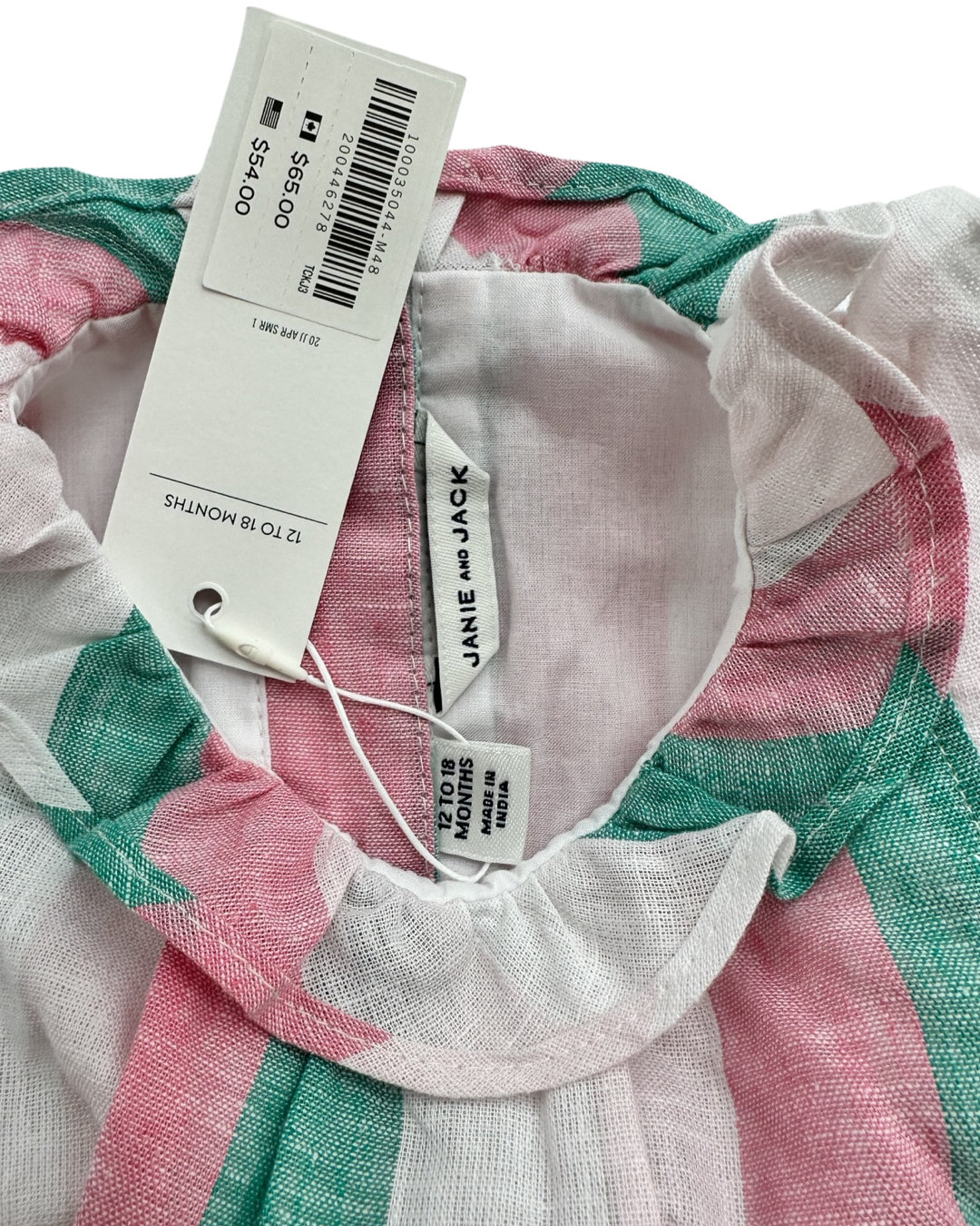 12M-18M Baby Girl Janie & Jack Pink and Green Striped Linen Romper