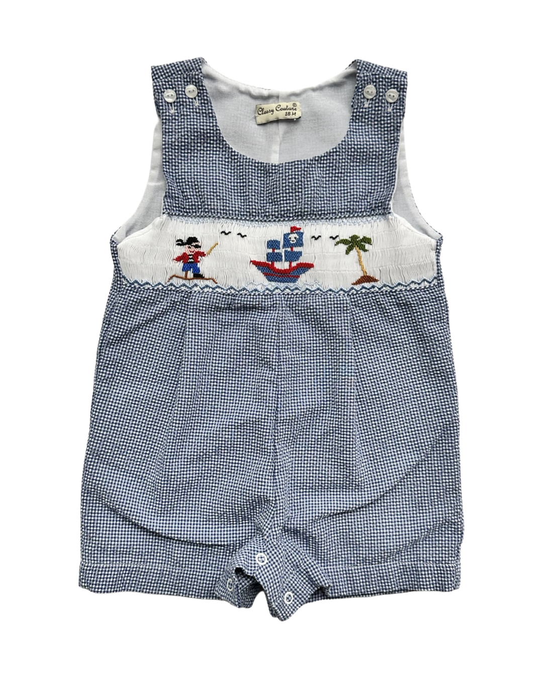 18M Baby Boy Classy Couture Smocked Blue Gingham Pirate Romper Shortall