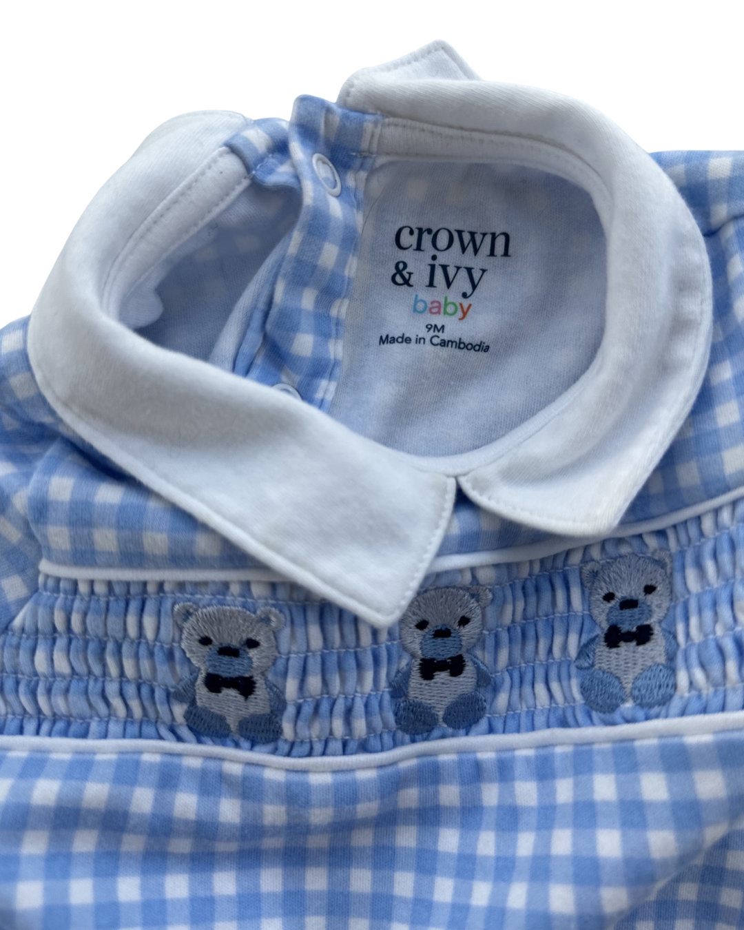 9M Baby Boy Crown & Ivy Blue Gingham Smocked Romper