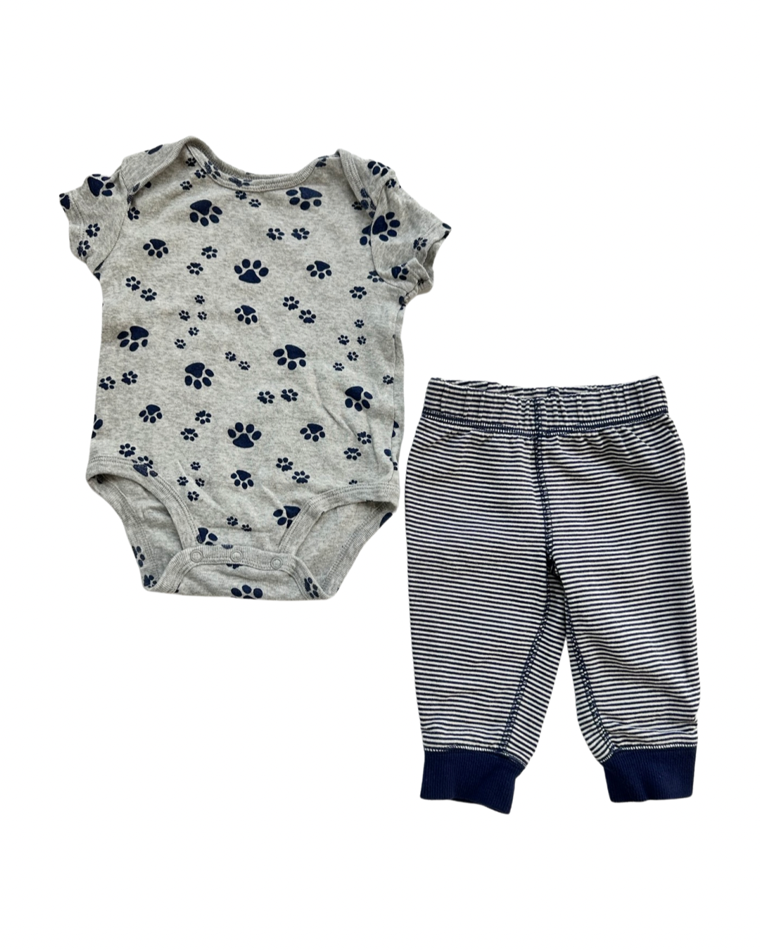 6M Baby Boy Carters Navy Gray Paw Print Onesie & Coordinating Navy Striped Jogger Pants