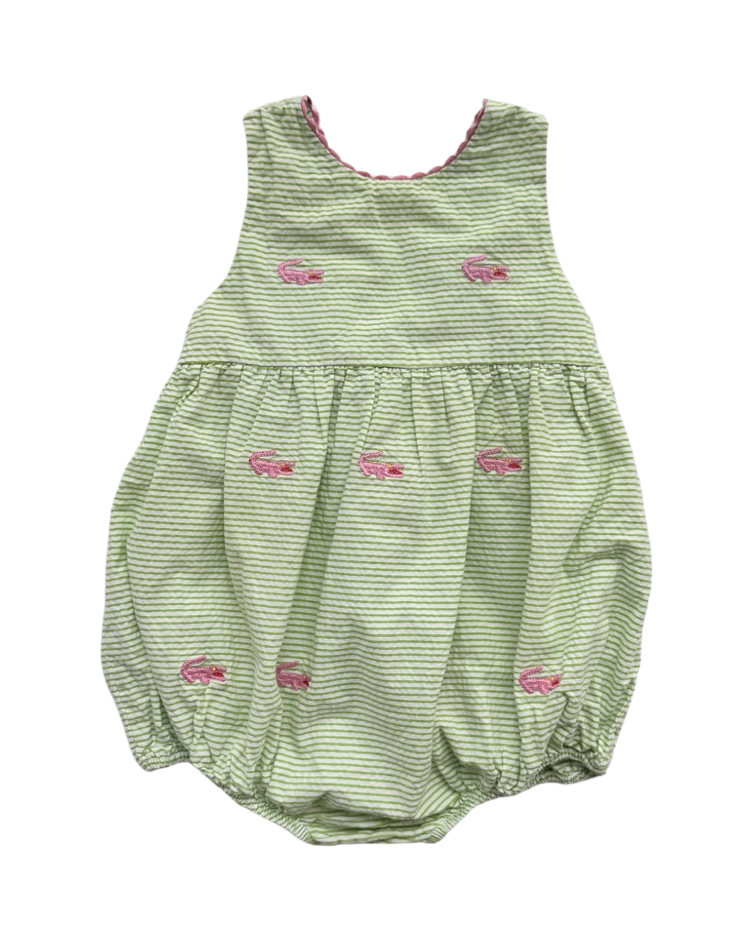 24M Baby Girl Mondays Child Boutique Green Seersucker Alligator Embroidered Bubble Romper
