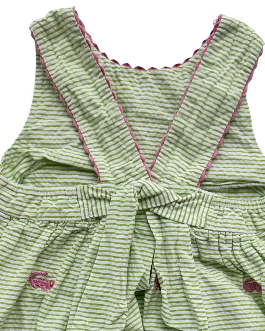 24M Baby Girl Mondays Child Boutique Green Seersucker Alligator Embroidered Bubble Romper