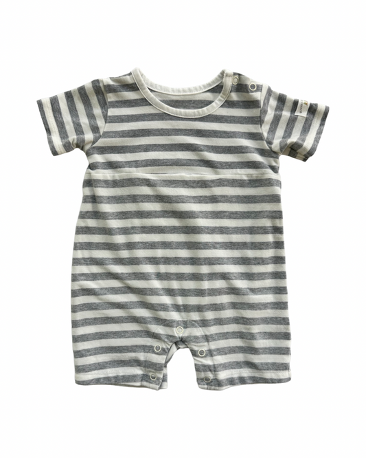 6-9M Baby Boy Bunnies By The Bay Gray & White Striped Bunny Romper