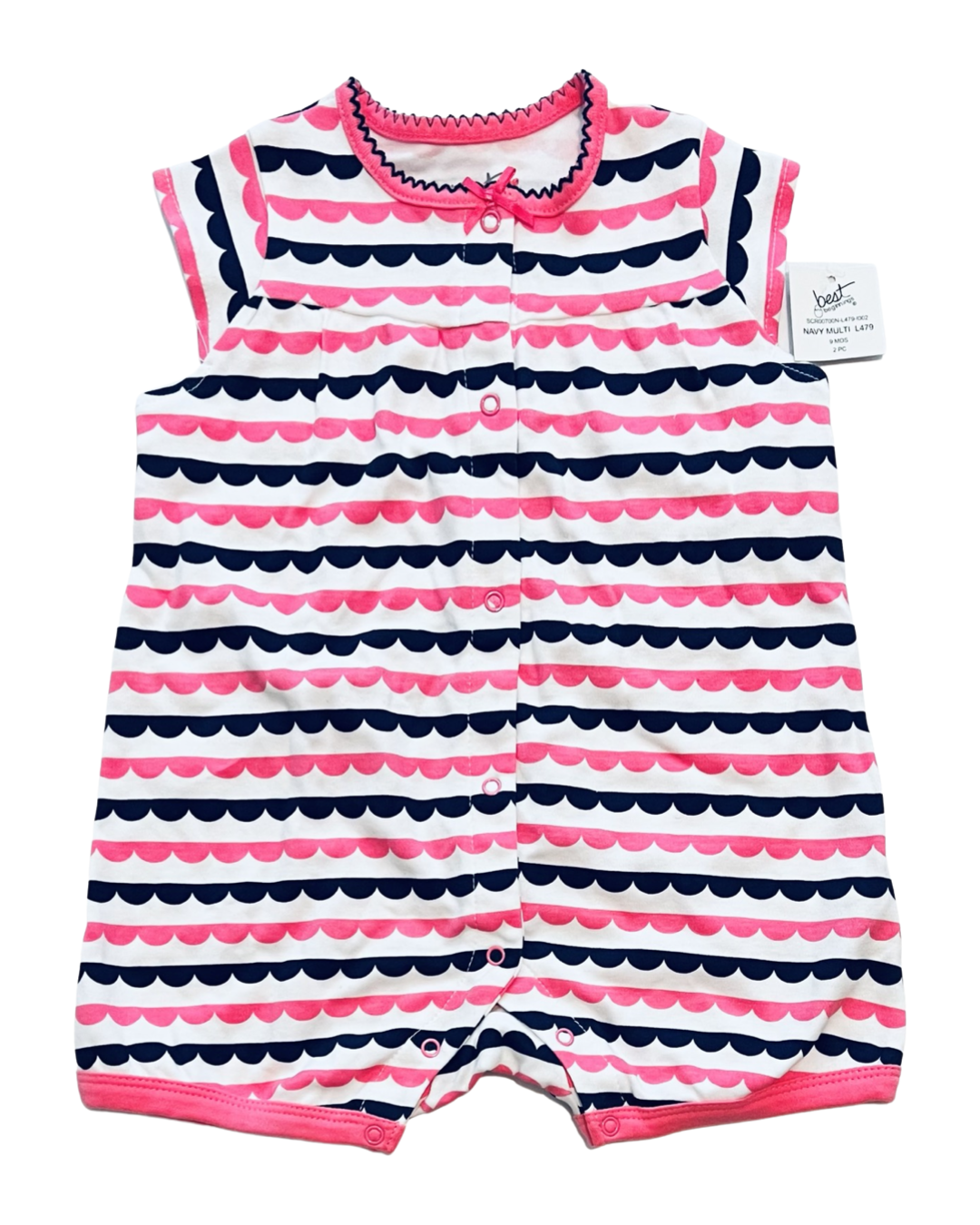 9M Baby Girl Pink / Navy Striped Best Beginnings Snap Up Bubble Romper